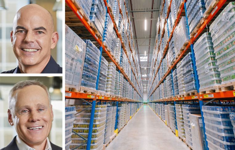 Rexford Industrial Realty co-CEOs Michael Frankel (top) and Howard Schwimmer (bottom) and shelves of goods in a warehouse.
