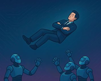 An illustration of a business man doing a trust fall in the arms of robots.