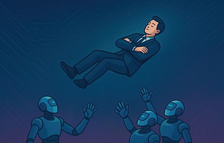 An illustration of a business man doing a trust fall in the arms of robots.