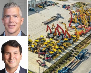 Scott Whittle of Alterra IOS (top), Jesse Hom of Blue Owl Capital (bottom), and an industrial outdoor storage lot.