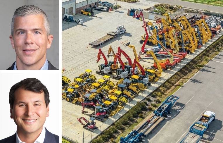 Scott Whittle of Alterra IOS (top), Jesse Hom of Blue Owl Capital (bottom), and an industrial outdoor storage lot.