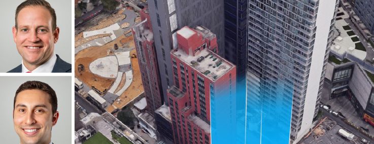 Ariel Property Advisors' Sean Kelly (top), Stephen Vorvolakos (center), and Nicole Daniggelis (bottom), and an illustration of the project's planned location at 245 Duffield Street, Brooklyn.