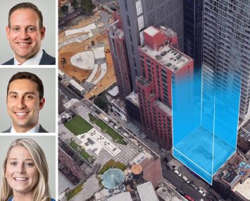 Ariel Property Advisors' Sean Kelly (top), Stephen Vorvolakos (center), and Nicole Daniggelis (bottom), and an illustration of the project's planned location at 245 Duffield Street, Brooklyn.