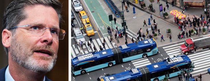 Federal Highway Administration Administrator Sean McMaster and buses passing through Herald Square on 34th Street.