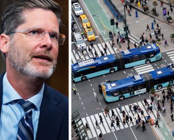 Federal Highway Administration Administrator Sean McMaster and buses passing through Herald Square on 34th Street.