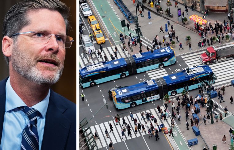 Federal Highway Administration Administrator Sean McMaster and buses passing through Herald Square on 34th Street.