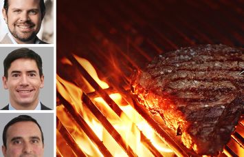 Cushman & Wakefield's Steven Soutendijk (top), Kenji Ota (center) and Neil Seth (bottom), and a steak on a grill.