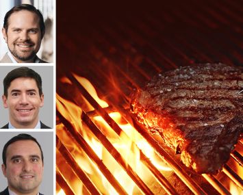 Cushman & Wakefield's Steven Soutendijk (top), Kenji Ota (center) and Neil Seth (bottom), and a steak on a grill.