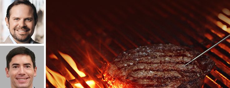 Cushman & Wakefield's Steven Soutendijk (top), Kenji Ota (center) and Neil Seth (bottom), and a steak on a grill.