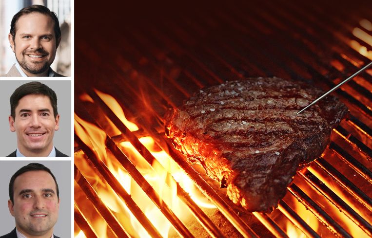Cushman & Wakefield's Steven Soutendijk (top), Kenji Ota (center) and Neil Seth (bottom), and a steak on a grill.