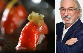 Sushi presented on a plate and Empire State Realty Trust's Fred Posniak.