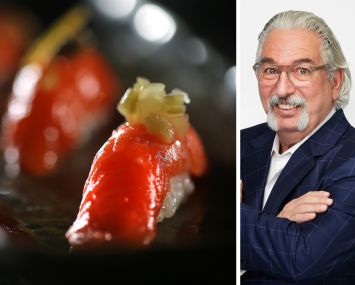 Sushi presented on a plate and Empire State Realty Trust's Fred Posniak.