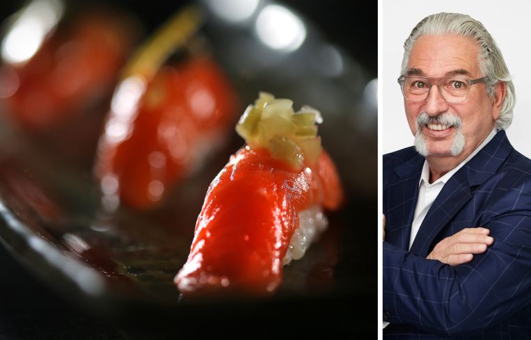 Sushi presented on a plate and Empire State Realty Trust's Fred Posniak.
