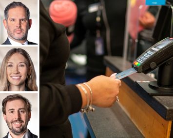 Savills' Todd Siegel (top), Kimberly Wiskup (center), and Phillip Golding (bottom), and a customer making a purchase in a store.