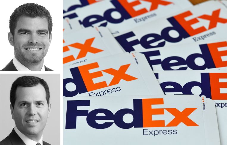 JLL's Tyler Peck (top) and Andrew Scandalios (bottom) and FedEx packaging.