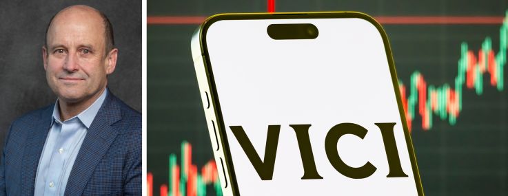 VICI Properties CEO, Edward Pitoniak and the VICI Properties logo.