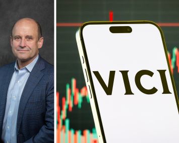 VICI Properties CEO, Edward Pitoniak and the VICI Properties logo.