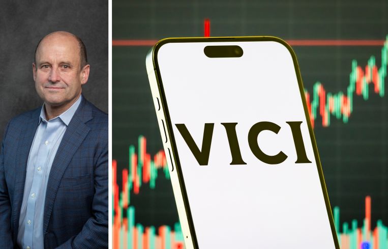 VICI Properties CEO, Edward Pitoniak and the VICI Properties logo.
