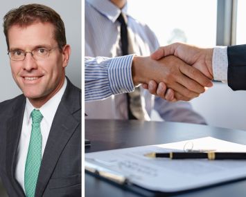 JB&B Managing Partner Walter Mehl, Jr. and an illustration of two people shaking hands over a signed contract.