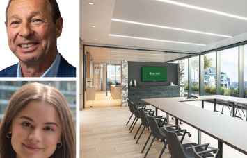 Newmark's William Cohen (top) and Ariel Harwood (bottom), and a conference room in 11 East 26th Street.
