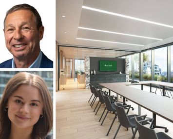 Newmark's William Cohen (top) and Ariel Harwood (bottom), and a conference room in 11 East 26th Street.