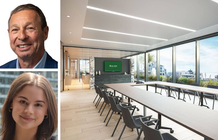 Newmark's William Cohen (top) and Ariel Harwood (bottom), and a conference room in 11 East 26th Street.
