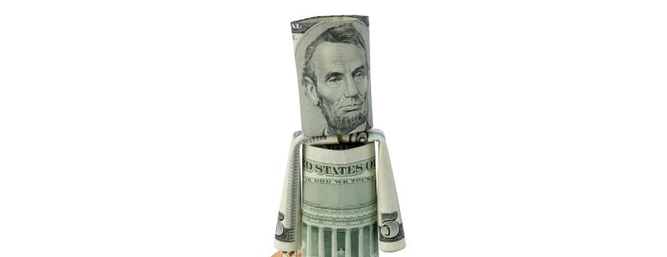 Origami person made of money with a suitcase.