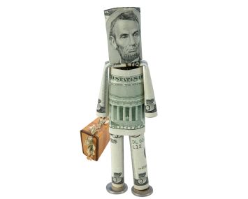 Origami person made of money with a suitcase.