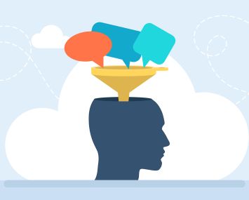 Thought bubbles enter the head through a funnel.