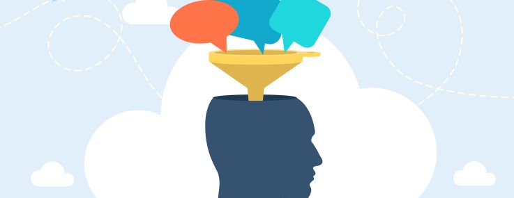 Thought bubbles enter the head through a funnel.