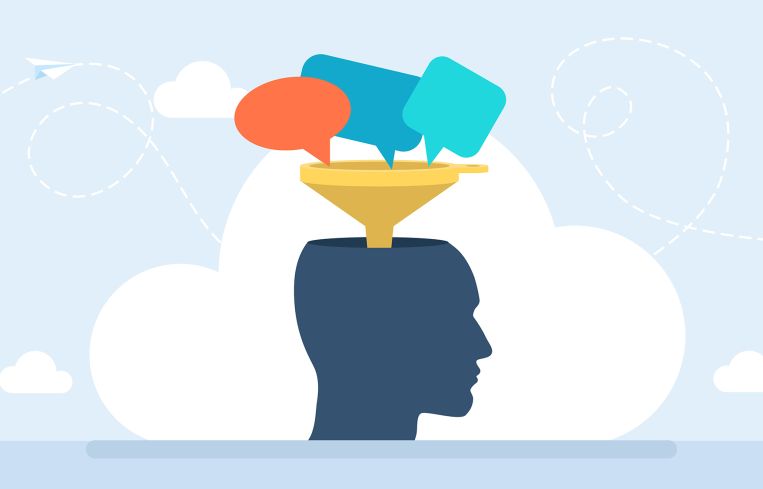 Thought bubbles enter the head through a funnel.