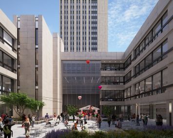 The courtyard at One Pace Plaza connects the east and west side buildings.