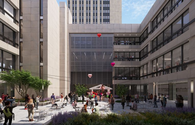 The courtyard at One Pace Plaza connects the east and west side buildings.