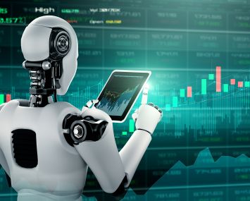 Future financial technology controlled by AI robot using machine learning and artificial intelligence to analyze business data and give advice on investment and trading decision.