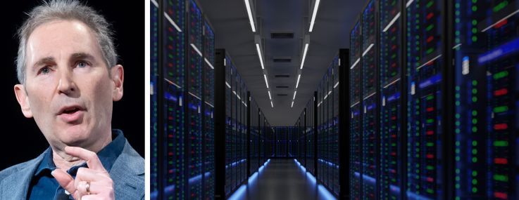 Amazon CEO Andy Jassy and servers inside a data center.