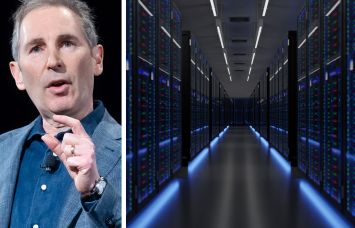 Amazon CEO Andy Jassy and servers inside a data center.