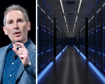Amazon CEO Andy Jassy and servers inside a data center.