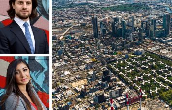 TEK Realty Advisors' Anton Marchuk (top) and Adrianna Contavalle, and an aerial view of Astoria and Long Island City, Queens.