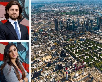 TEK Realty Advisors' Anton Marchuk (top) and Adrianna Contavalle, and an aerial view of Astoria and Long Island City, Queens.