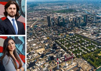 TEK Realty Advisors' Anton Marchuk (top) and Adrianna Contavalle, and an aerial view of Astoria and Long Island City, Queens.