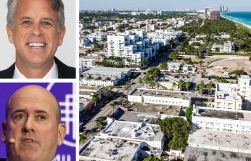 The Kolter Group's Bobby Julien (top), Carlyle Group's Harvey Schwartz (bottom), and an aerial view of North Miami and Biscayne Bay.