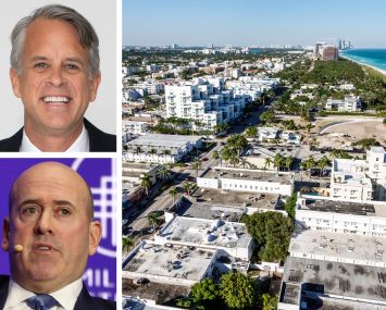 The Kolter Group's Bobby Julien (top), Carlyle Group's Harvey Schwartz (bottom), and an aerial view of North Miami and Biscayne Bay.