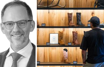 Newmark's Brandon Isner and a customer shopping for boots in a retail store.