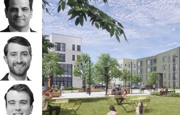 JLL's Brett Paulsrud (top), Andrew Gray (center), and Hugh Doherty (bottom), and A rendering of Prescott Post, a multifamily project in Portsmouth, N.H.