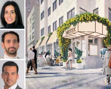KSR's Carolina Aziz (top), Samuel Chera (center), and Albert Sultan (bottom), and a rendering of Motek's planned restaurant at 60 West 57th Street.