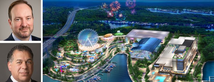 X-Caliber Capital's Chris Callahan and Jordan Blanchard, CastleGreen Finance's Sal Tarsia, and a rendering of Oasis at Lakeport in Osage Beach, Mo.