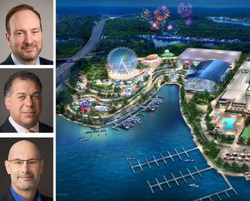 X-Caliber Capital's Chris Callahan and Jordan Blanchard, CastleGreen Finance's Sal Tarsia, and a rendering of Oasis at Lakeport in Osage Beach, Mo.