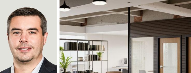 R1's Chris Hartemayer (top) and Corey Perman (bottom), and a rendering of the planned R37 office lobby at 140 Montgomery Street in San Francisco.