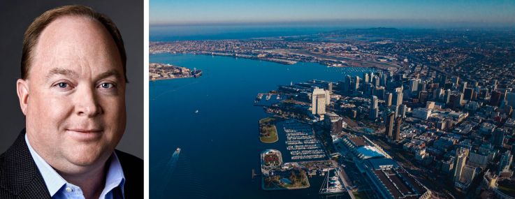 Genesis Capital CEO Clint Arrowsmith and an aerial view of San Diego.