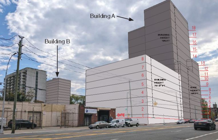 A rendering illustrates where two proposed residential buildings would go West 25th Street in Coney Island, Brooklyn.